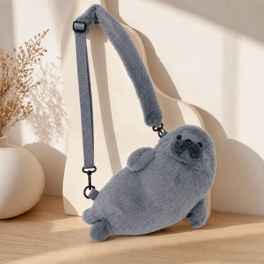 Soft Fluffy Cute Seal Shoulder Bag Lightweight Adjustable Straps Crossbody Bag Cartoon Fabric Handbag Women's Accessories