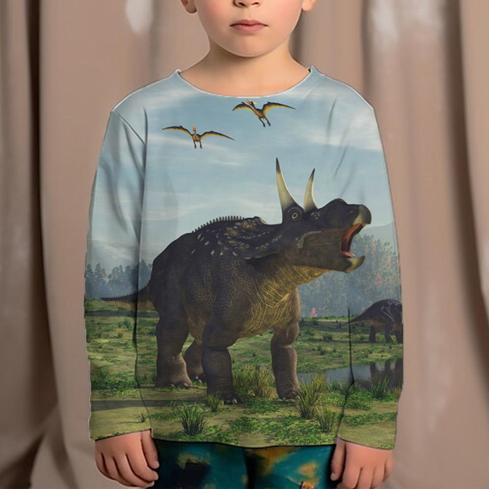 Korean Children's Clothing 2023 Kids Replica Brands 3d Print Animals Dinosaur Tops For Boys Fashion Autumn T-Shirt Full Sleeve