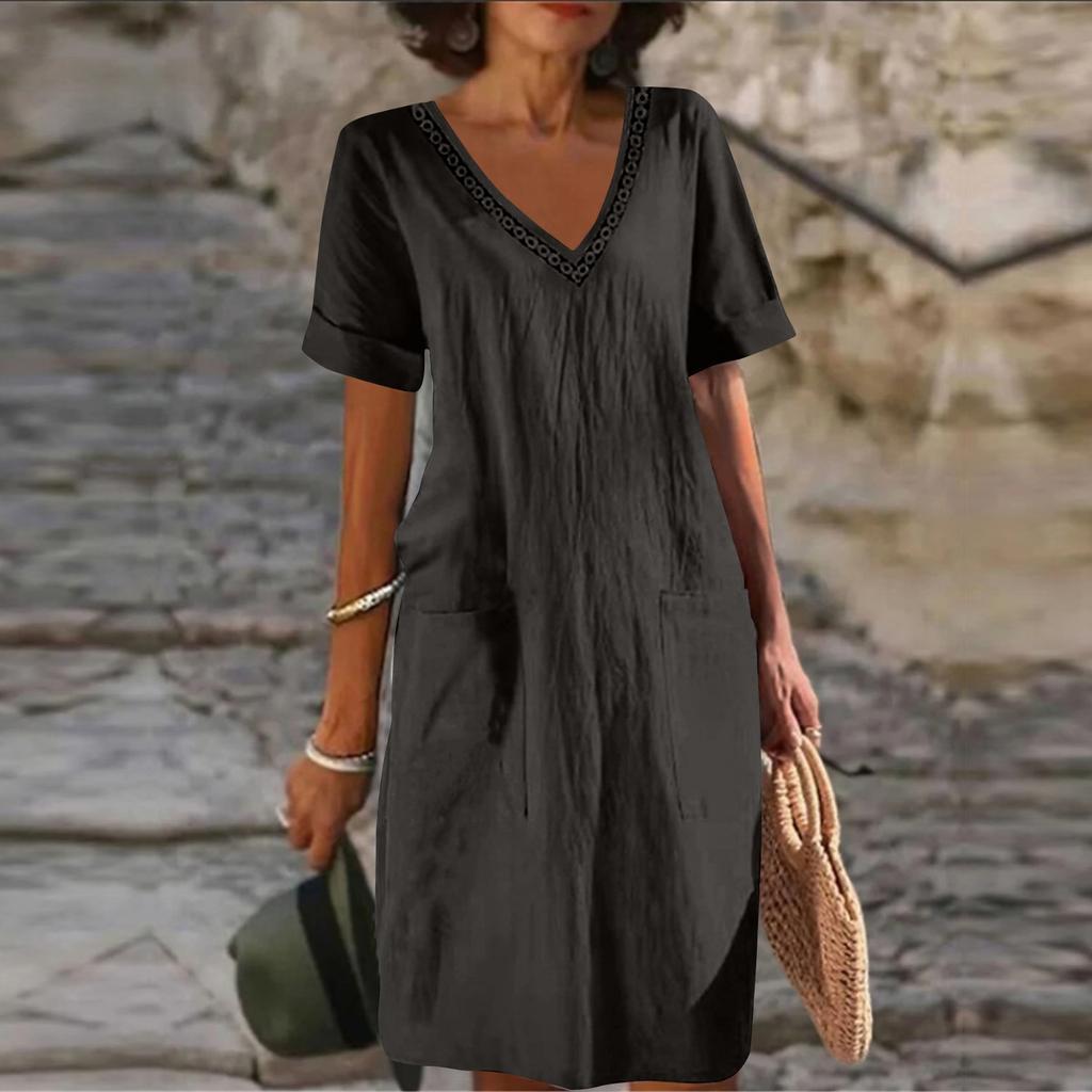 V-Neck Short Sleeved Cotton Linen Color Medium Length Dress For Women