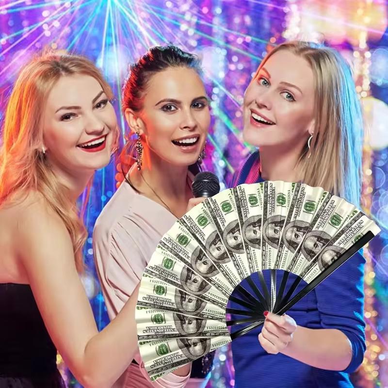 Large Folding Hand Tear Fan (Dollar Pattern) - Music Festival Fan, Dance Fan, Gift & Unique Decorative Fan