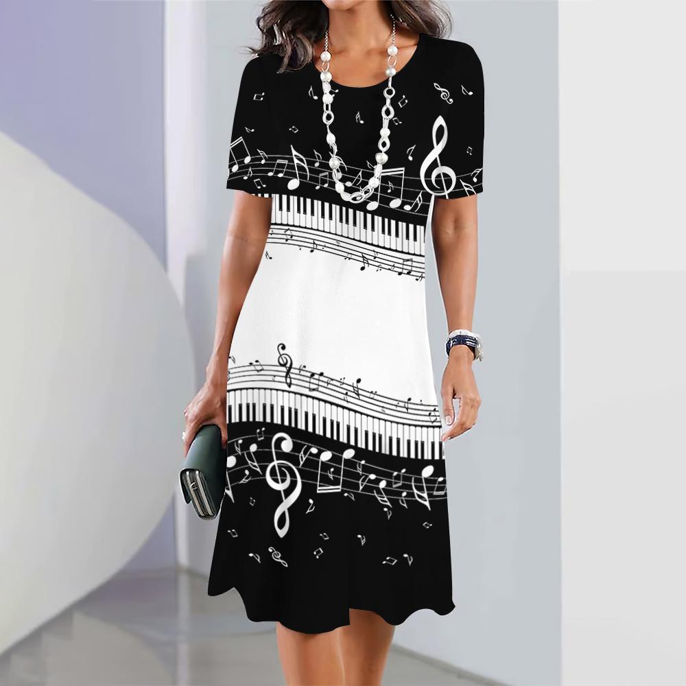 Black and White Music Note Print 2026 Summer New Women's Dress Elegant Dress Women's Fashion Women's Dress