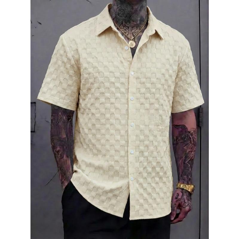 Mens Jacquard Short Sleeve Lapel Casual Check Fashion Shirt