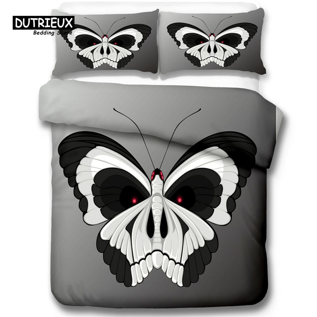 Gothic Skull Bedding Set Death Moth Flowers Print Duvet Cover Skeleton Bones Butterfly Pillowcases