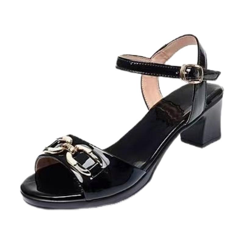 2025 summer new sandals women's soft leather soft sole medium heel thick heel mother fish mouth leaking toe with fashion women's shoes