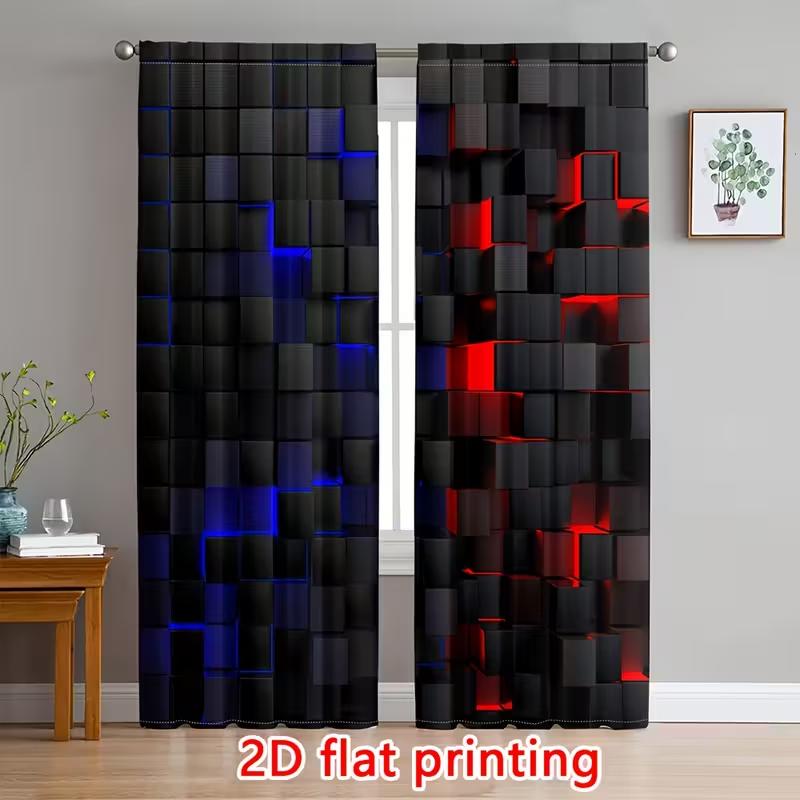 Tonnika Chen Black/Purple Set Of 2 Cube Patterned Curtains Led Lighting Design Living Room Bedroom Decoration Curtain With Pole Pocket Polyester Perfect For