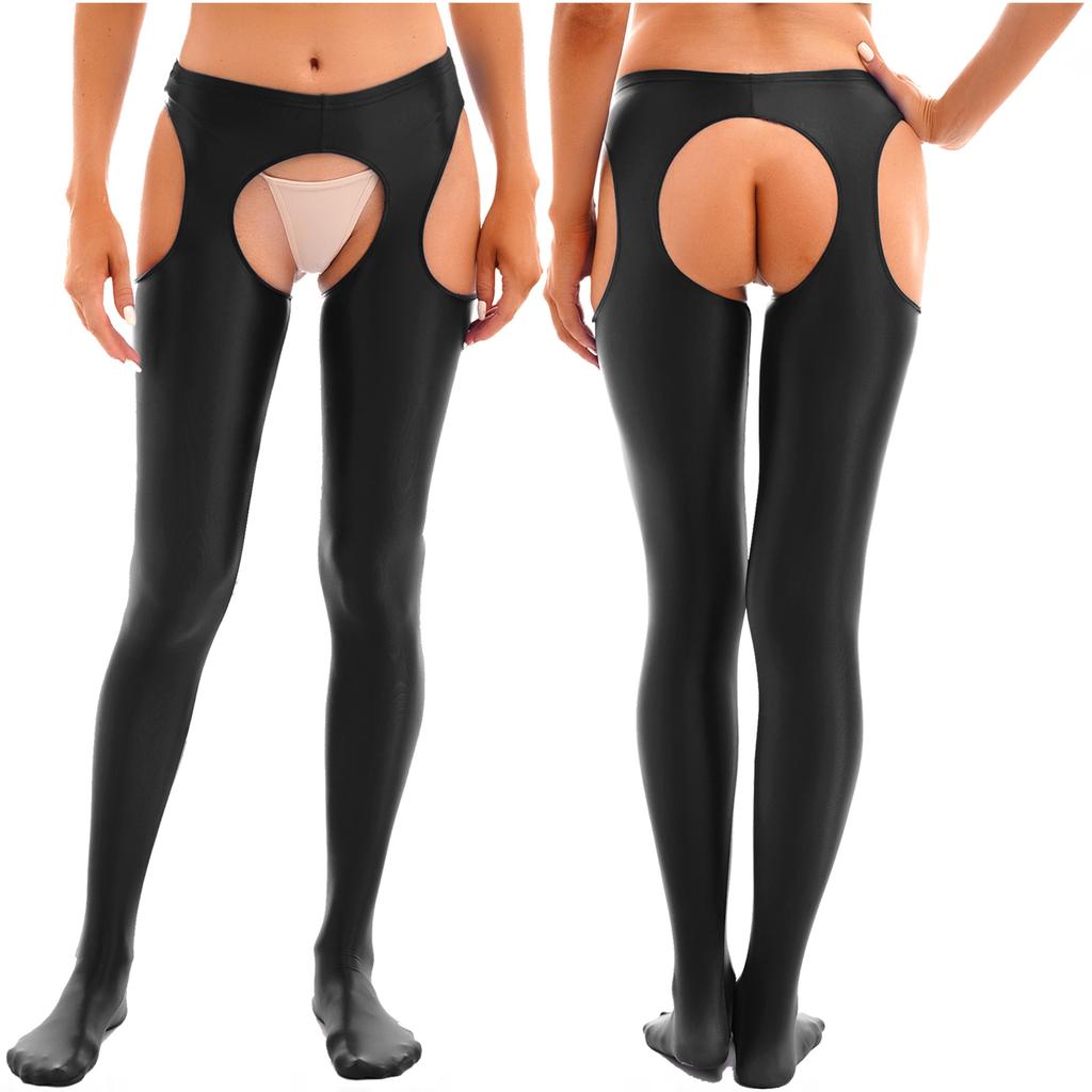 Womens Glossy Cutout Pantyhose Mid Waist Tights Crotchless Design Elastic Waistband Sheer Leggings Skinny Pants
