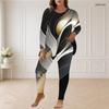 Women Plus Size Round Neck Long Sleeve Neon Print Longline Top Fitted Pants Two Piece Set