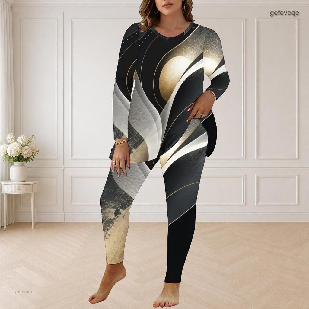Women Plus Size Round Neck Long Sleeve Neon Print Longline Top Fitted Pants Two Piece Set