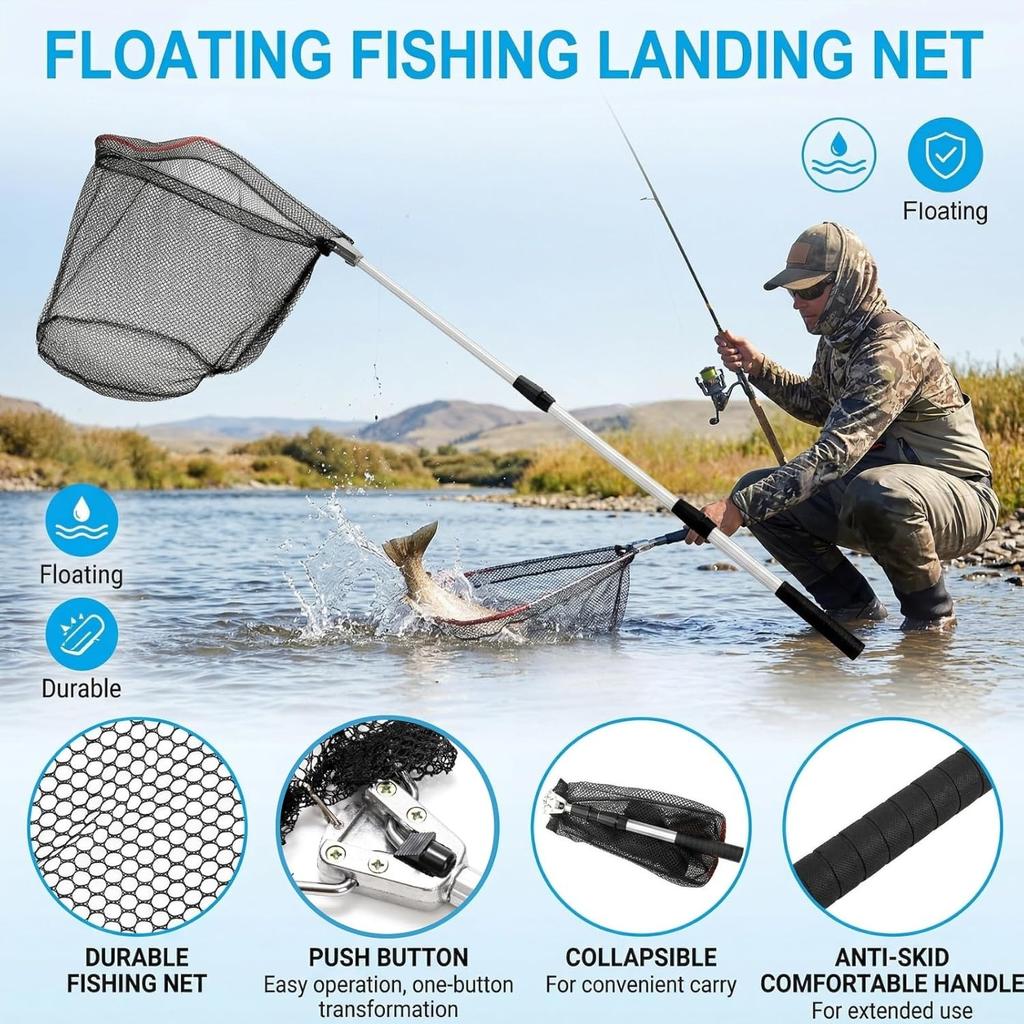 2 Pack Fishing Net with Telescopic Pole Handle, Fish Landing Net with Sturdy Collapsible Handle, Folding Nylon Mesh Landing Net for Saltwater