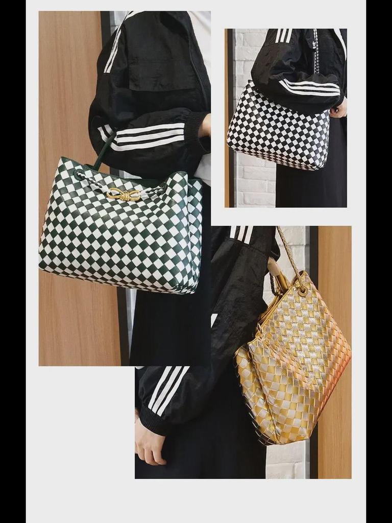 2023 Trendy Woven Tote Bag: Gold Hardware, Rope Buckle, Diamond Design, Large Capacity, Shoulder & Crossbody for Women