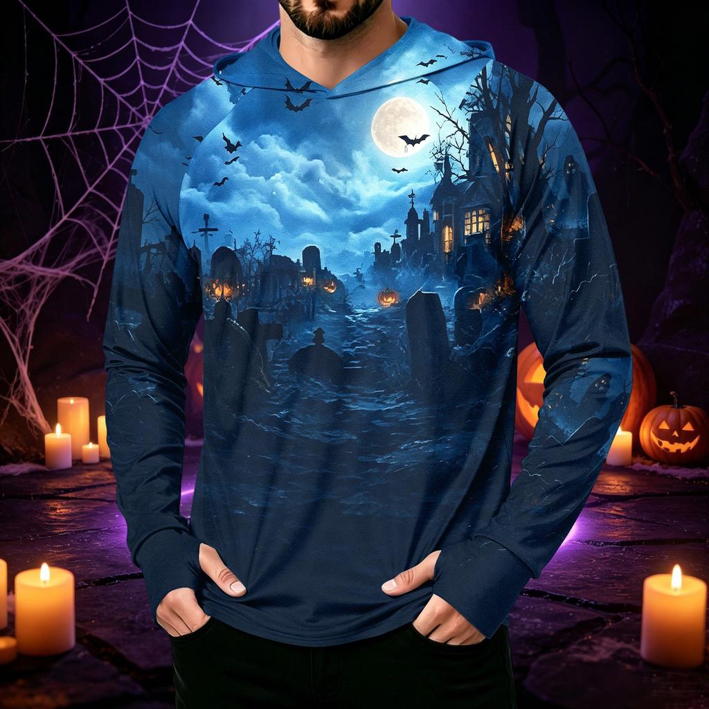 Men's Long Sleeve Hoodie Halloween Print Lightweight Pullover for Casual Wear