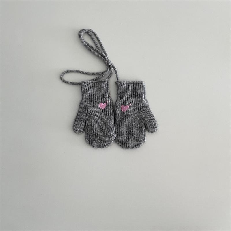 Winter Winddicht Kältefest Warm Kinderhandschuhe 2-5 Jahre Gesticktes Herz Halsband Strick Cremefarben Babygarn Säuglingswolle