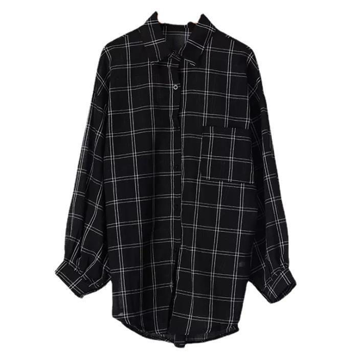 Korean Style Loose Plaid Long Sleeve Shirt - Women's Fashionable Sun Protection Top