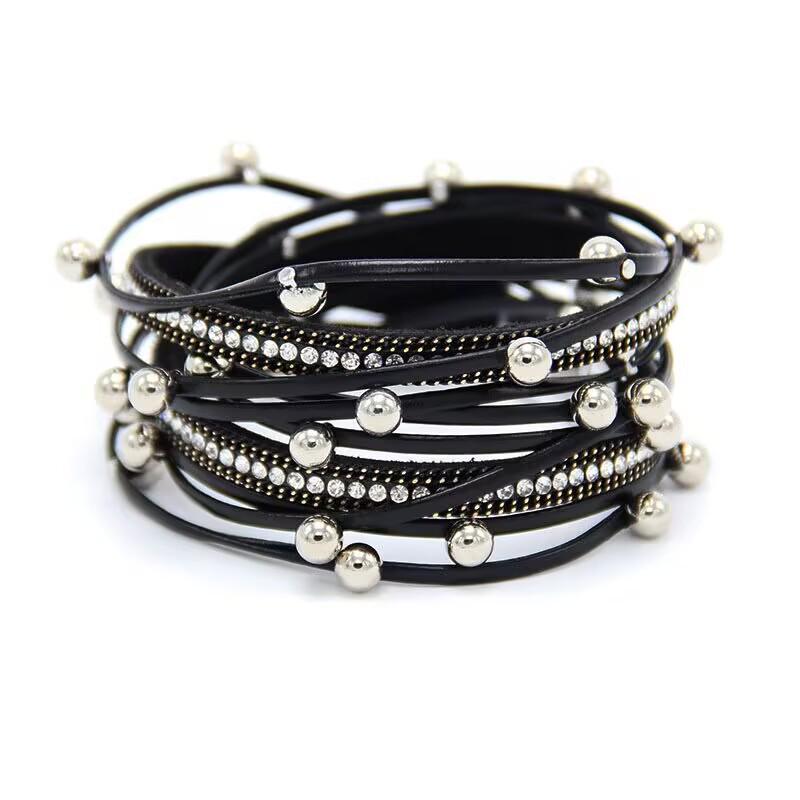 Women's Fashion Rhinestone Leopard Print Multi-Layer Magnetic PU Leather Bracelet