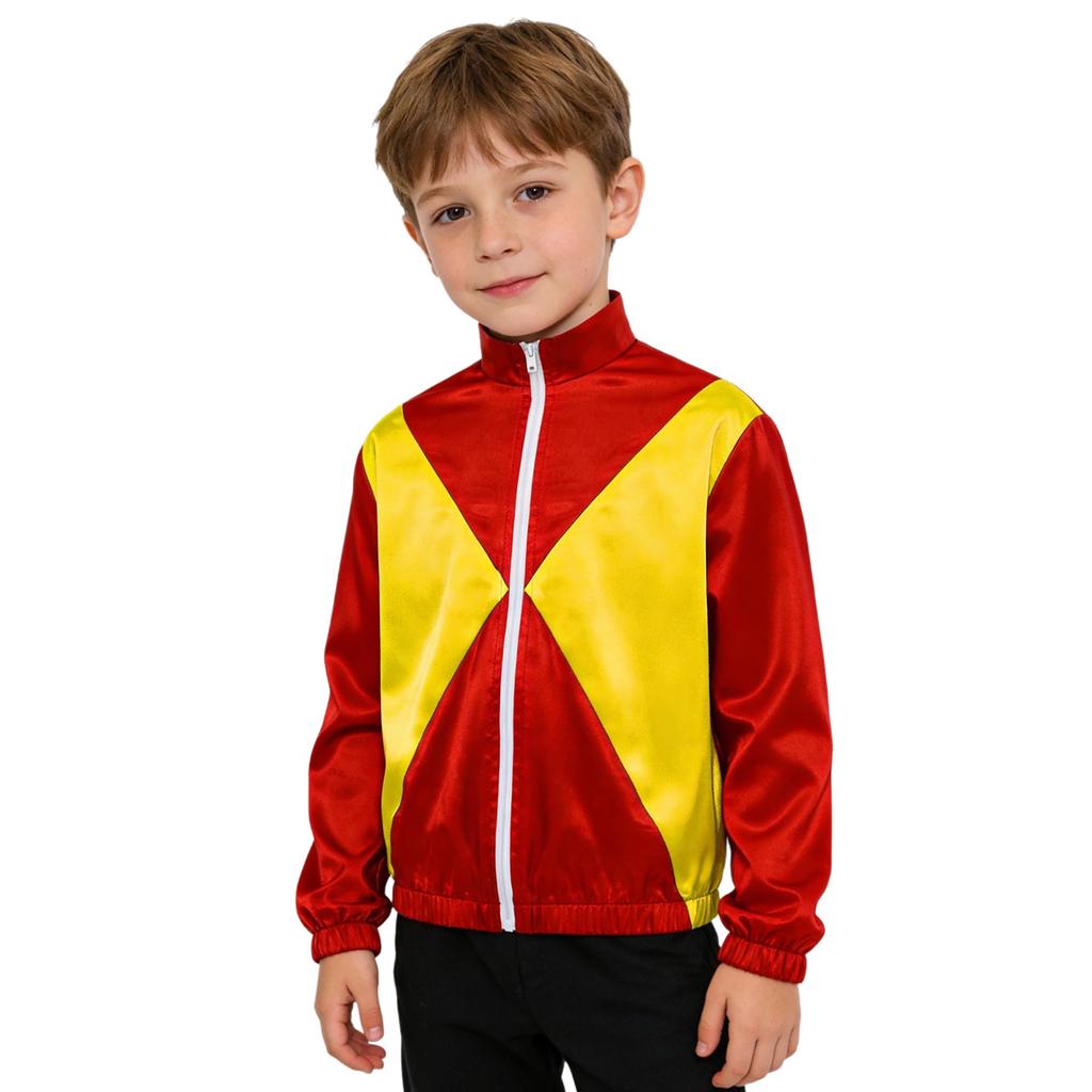 Kids Horse Rider Costume Color Block Mock Neck Zip Up Top Equestrian Training Competition Long Sleeve Outwear
