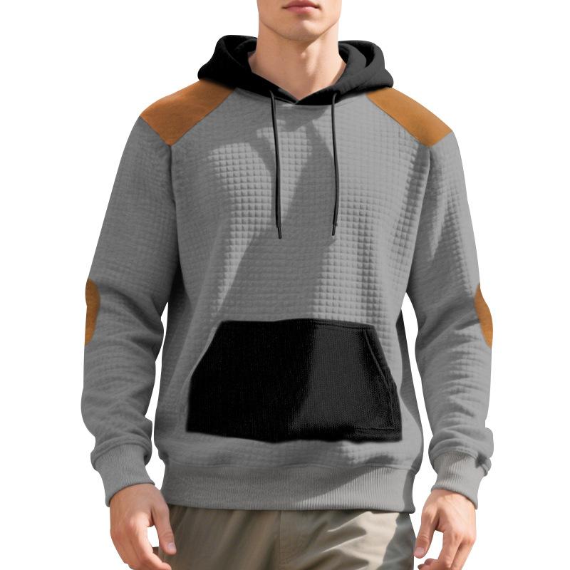 Mens Casual Loose Plaid Color Block Hooded Pullover Sweatshirt With Large Pockets