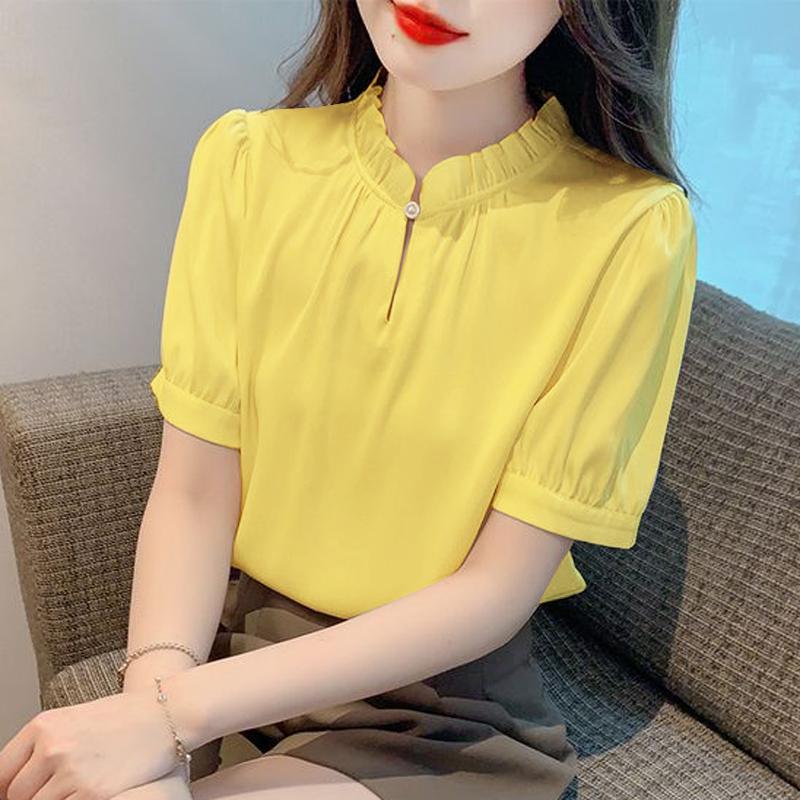 

VONDA женская повседневная однотонная свободная блузка с воротником-стойкой и пуговицами с коротким рукавом 3XL жёлтый