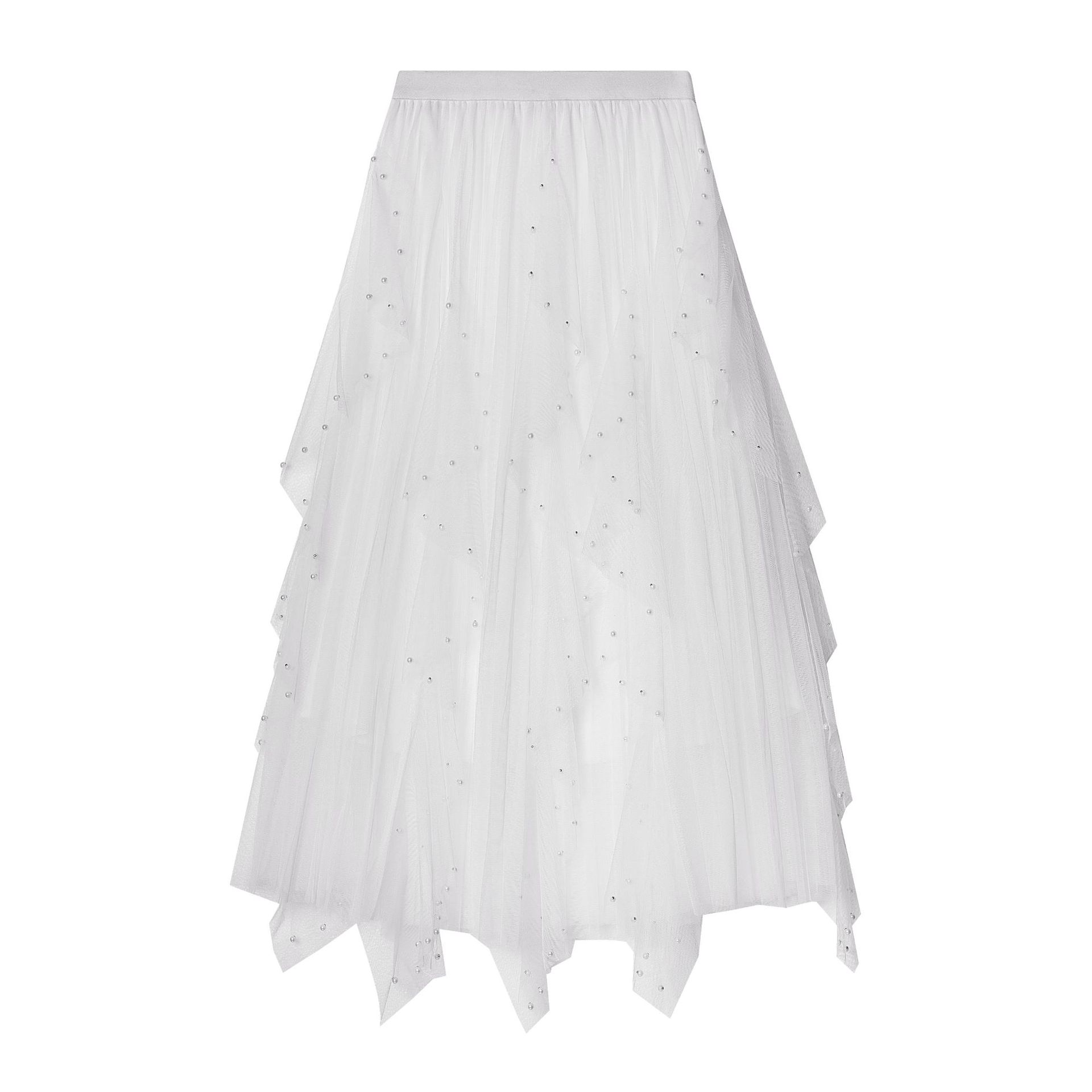 

Юбка из фетровой ткани средней и длинной длины с волнистыми воланами и нерегулярным сращиванием бисера 8899 One size белый