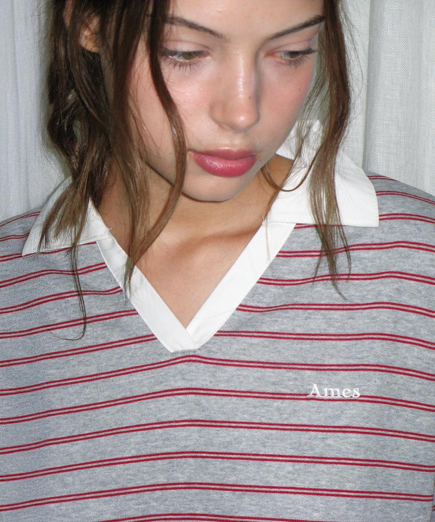 AMES-WORLDWIDE V Neck Collar Stripe Sweatshirt Gray