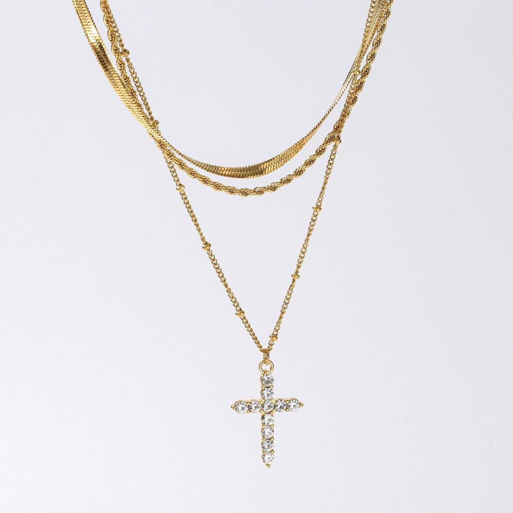 Triple-Layer Zircon Cross Necklace with Snake Bone Twisted Chain 