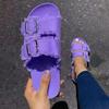 2025 Summer Women Slippers Fashion Designer Female Shoes Purple Canvas Metal Buckle Flat Slippers Beach Shoes Soft Sole Sandals