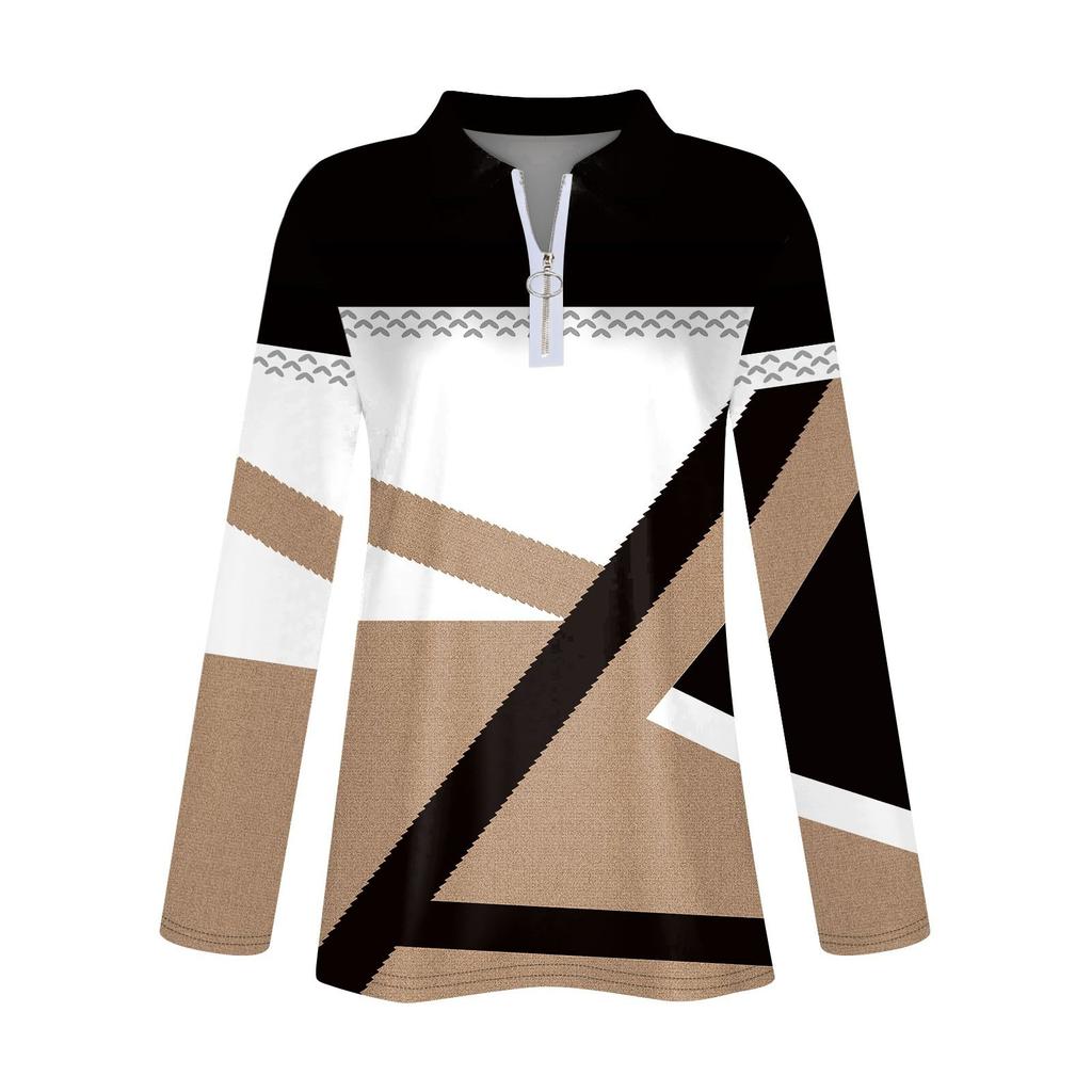 Women's Spring And Fashion Casual Printed Zipper V-Neck Long Sleeve Shirt Tops