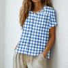 Camicia da Donna alla Moda con Collo Henley, Monopetto a Bottoni, Stampa a Quadri, Manica Corta, Blusa Casual Leggera