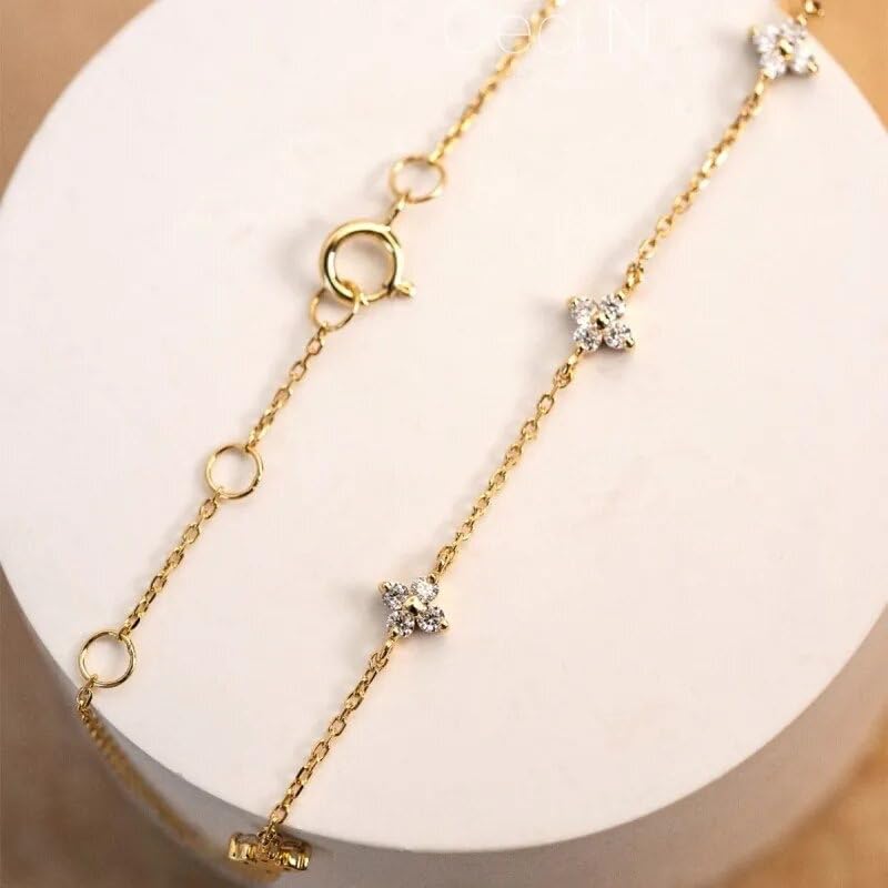 Emitame, Clover Motif CZ Diamond Bracelet, Four-Leaf Clover, S925 Sterling Silver, Gold Chain, Cute and Stylish, Women's Jewelry
