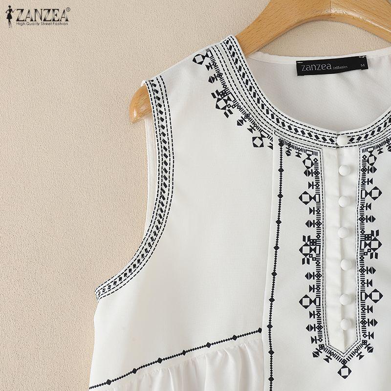 ZANZEA Women Casual Round Neck Loose Sleeveless Print Tank Tops