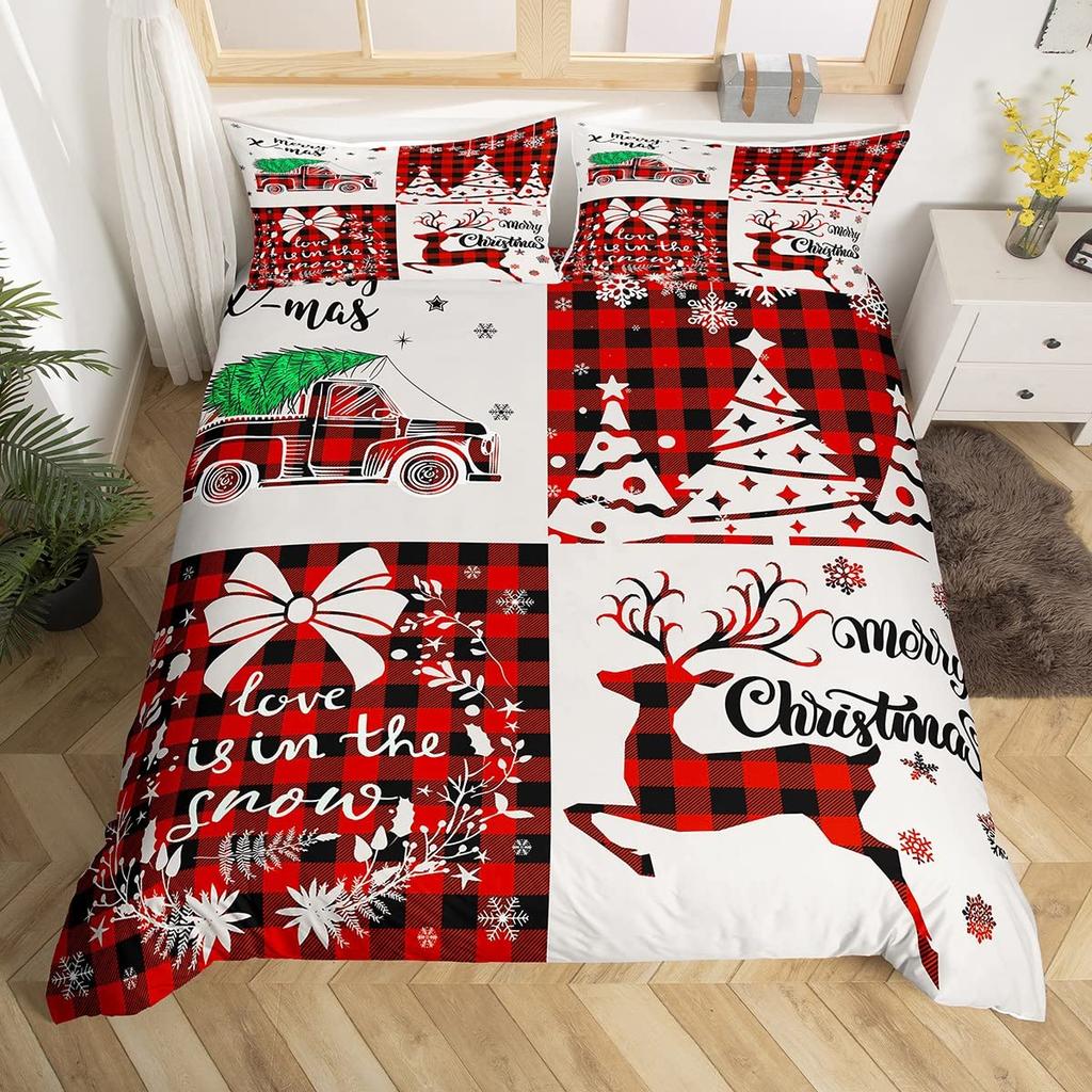 Merry Christmas Duvet Cover Set,Red Buffalo Checked Rustic Truck Comforter Cover,Plaid Xmas Tree Elk Deer Snowflake Bedding Sets