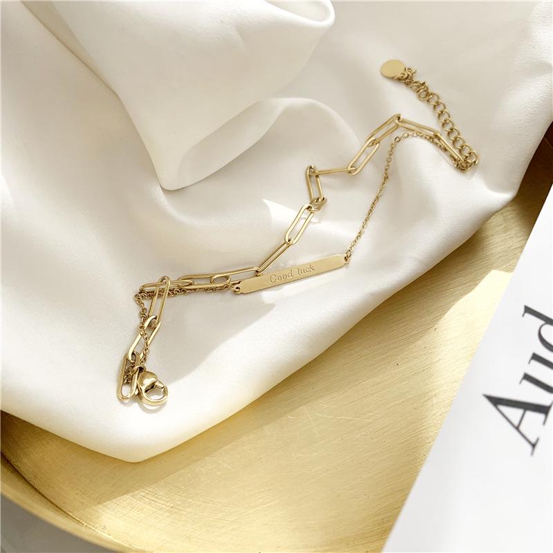 Square Pendant Double Layer Bracelet - 18K Gold Plated Titanium Steel, Fashionable European & American Good Luck Chain for New Year.