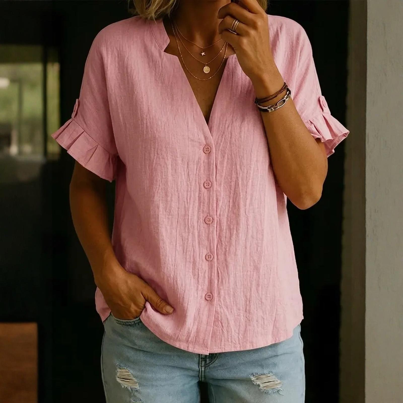 Women s Fashion Color Casual Stand Collar Ruffled Sleeve Short-Sleeved Top L розовый