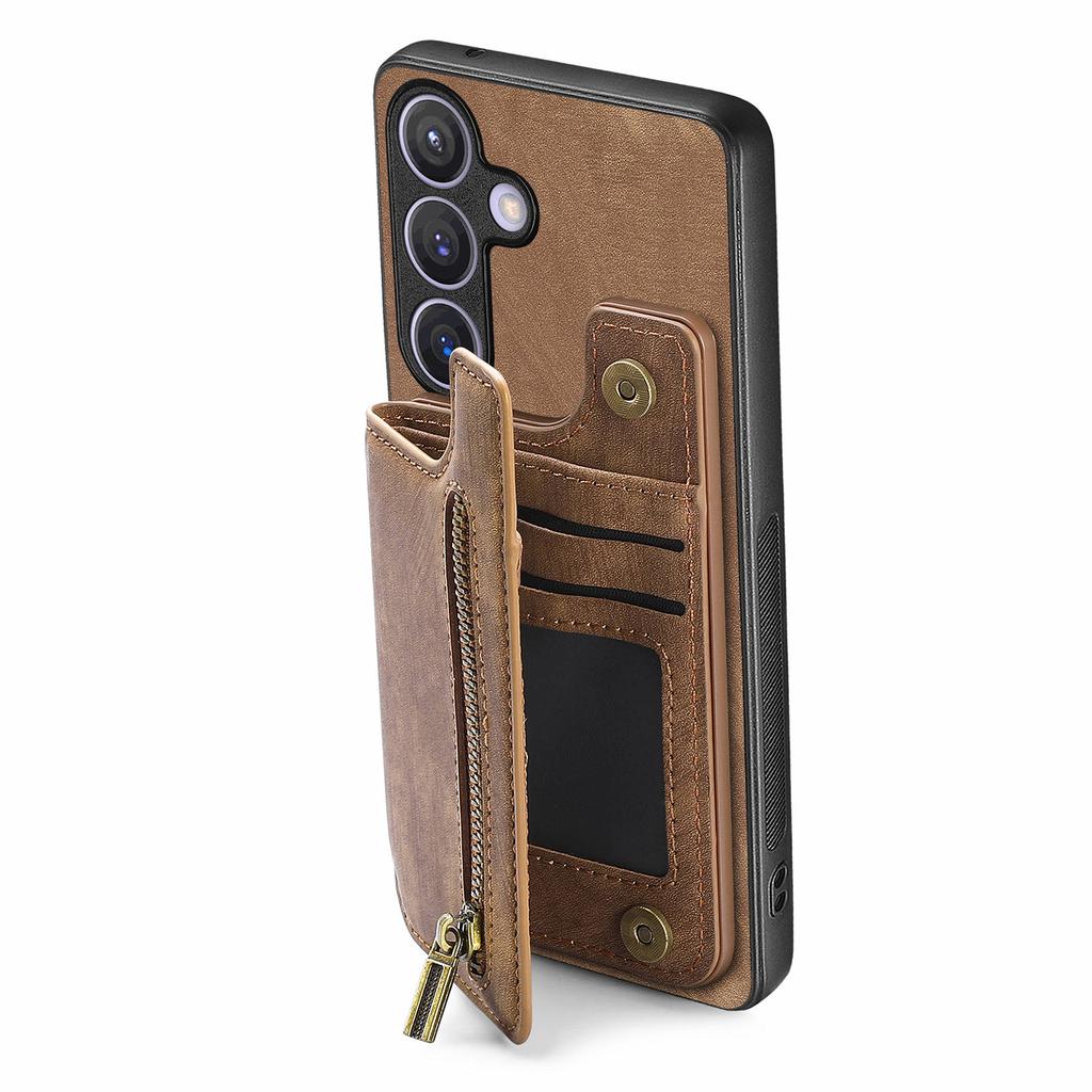 D15 For Samsung Galaxy S24 Wallet Case Retro PU+TPU Anti-scratch Kickstand Phone Shell