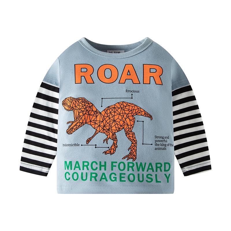 Autumn Kids' Cartoon Dinosaur Long-Sleeve Color Block T-shirt for Boys