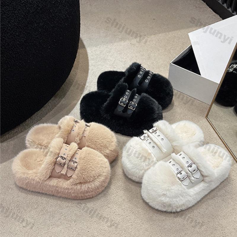 Fashion Women's Thick Sole Comfortable Fluffy Plush Cotton Padded Shoes Female Winter Plush Non Slip Warm Belt Buckle Cotton Slippers