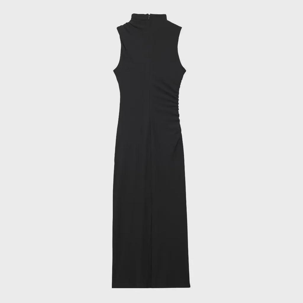 2024 Sleeveless Pleated Stand Collar Midi Dress - Solid Color Slim Fit