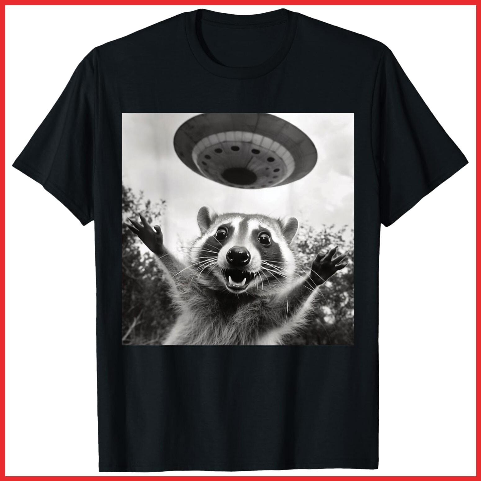 Funny Raccoon UFO Alien Selfie Photo Black Cotton T-Shirt S-5XL XXL
