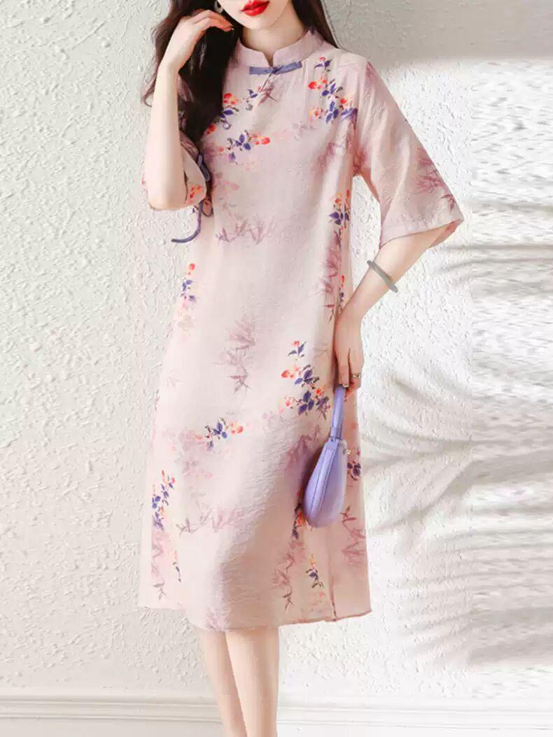 

2025 лето новый улучшенный юбка-ципао ретро принт национальный стиль косая планка воротник-стойка короткий рукав хлопковое и льняное платье женское M розовый