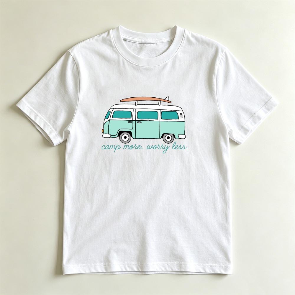 Camp More Worry Less Retro Surf Van Lässiges Grafik-T-Shirt Strand Camping Liebhaber Geschenk T-Shirt Sommer-Vibe Abenteuer Lässiges Hemd