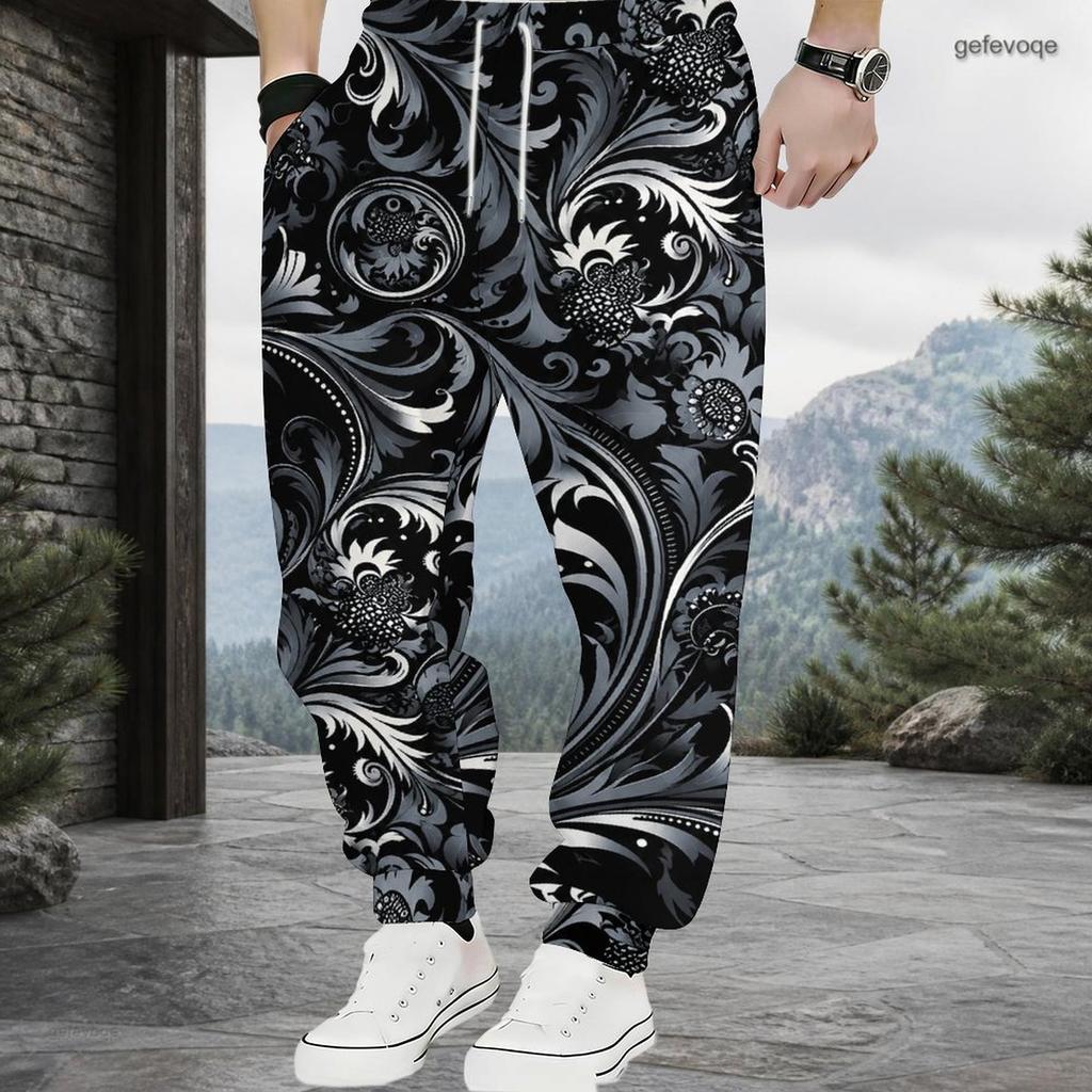 Men Plus Size Red Paisley Printed Drawstring Waist Jogger Pants Side Pockets Cuffed Ankle