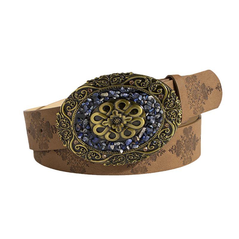 "European and American Women's Retro Turquoise Embossed Belt - Western Style Fashion Accessory"