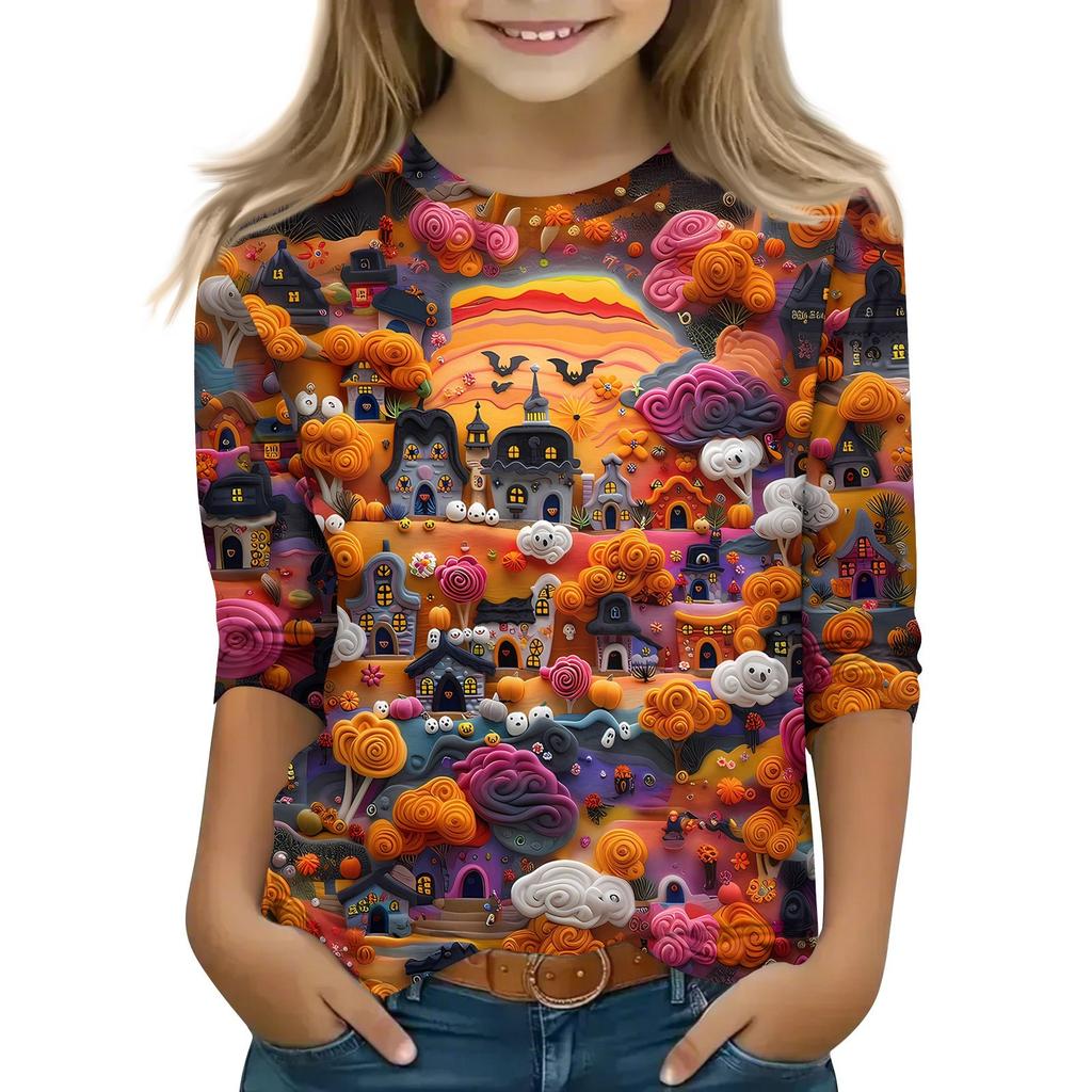 Children's 3/4 Sleeve Tops Casual Halloween Print T Shirt Round Neck Pullover Blouse