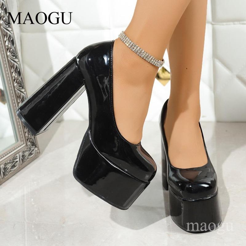 Tjocka Blockklackar för Damer Lackläder Pumps Rund Tå Dam Plattforms Skor Halkfria Eleganta Slip-on Damskor