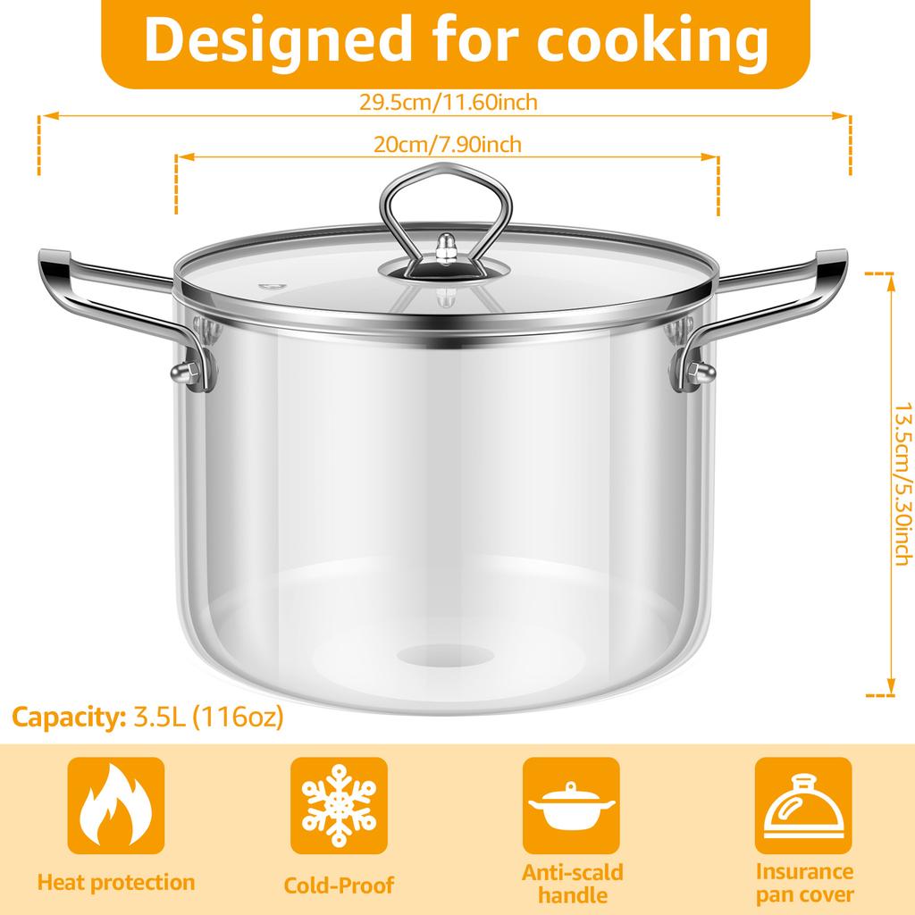 Glass Cooking Pot 2.5/3.5L Dual Handles Heat-Resistant and Non Stick Borosilicate Glass Cookware Kitchen Tools