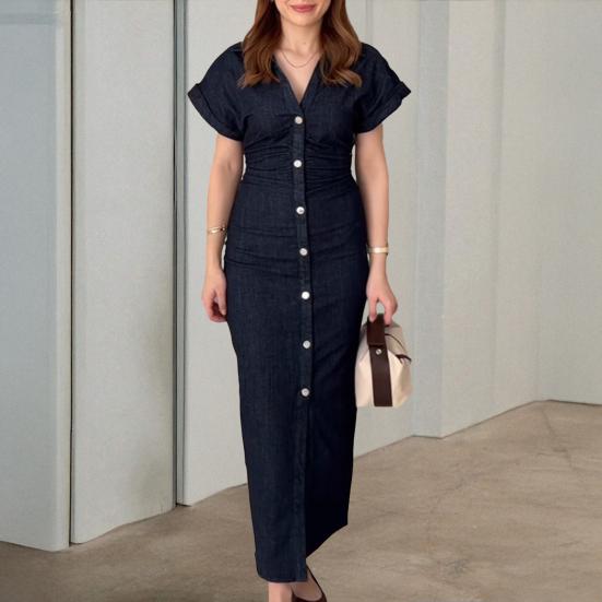 Dámské maxi džínové šaty na knoflíky s krátkým rukávem, dlouhé džínové šaty s klopou