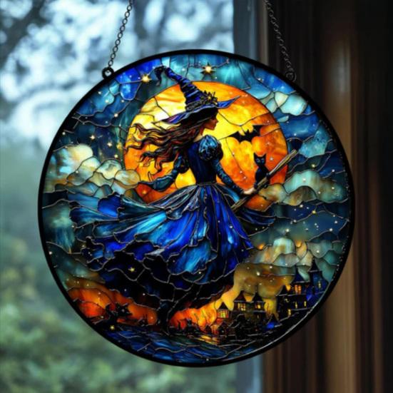 10/15/25CM Halloween Heks Solfanger Hengende Dekorasjon Svart Katt Flaggermus Måne Heks Farget Glass Akryl Vegg Vindu Hengende Skilt Ornament