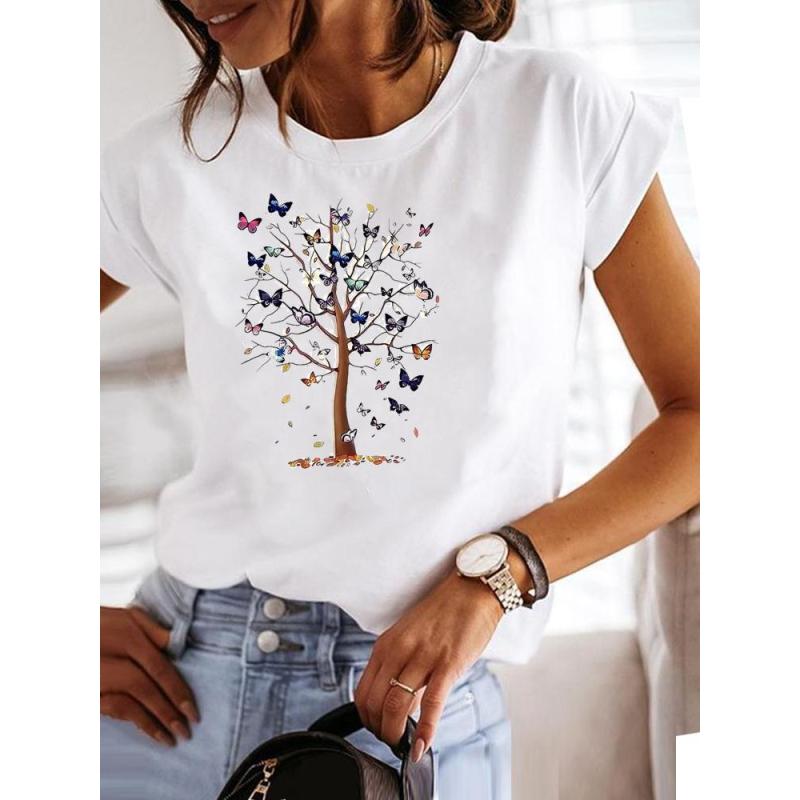 Women's Round Neck Printed T-Shirt Loose Casual Office Short Sleeve