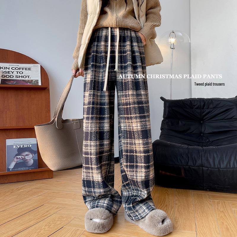 Women's Winter Fleece-Lined Tweed Plaid Wide-Leg Pants: Warm, Thick, Loose, and Straight-Leg Design.