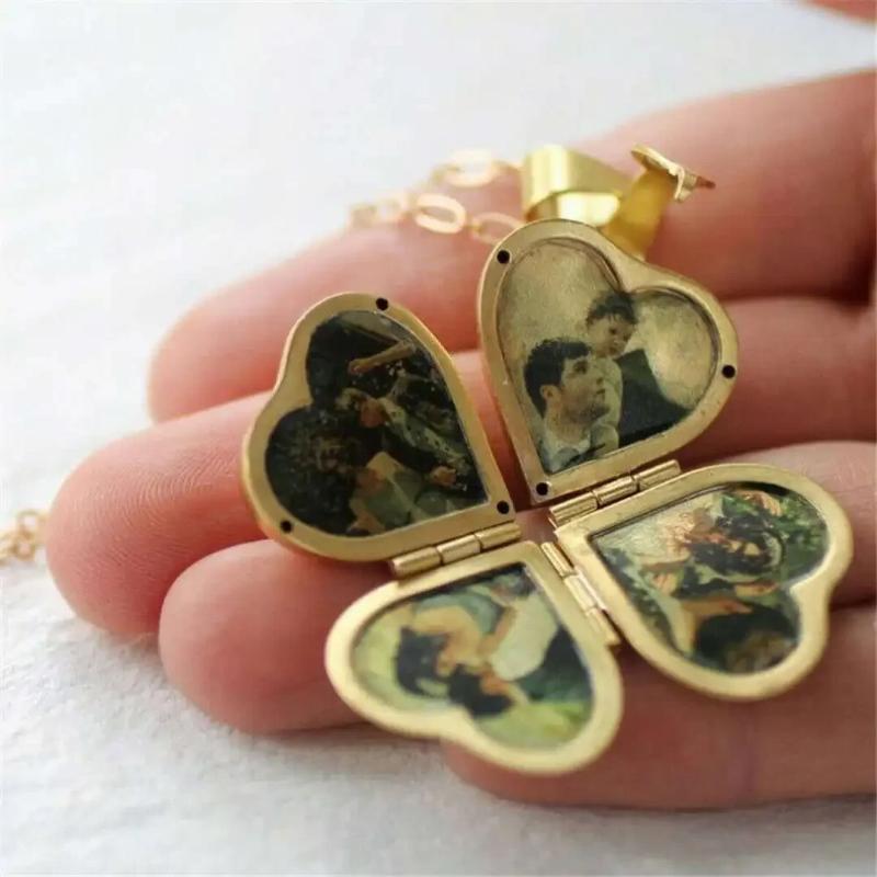 Colar Vintage Dobrável Multicamadas Coração Medalhão Família Fotos Personalizadas Pingente Trevo de Quatro Folhas Joias