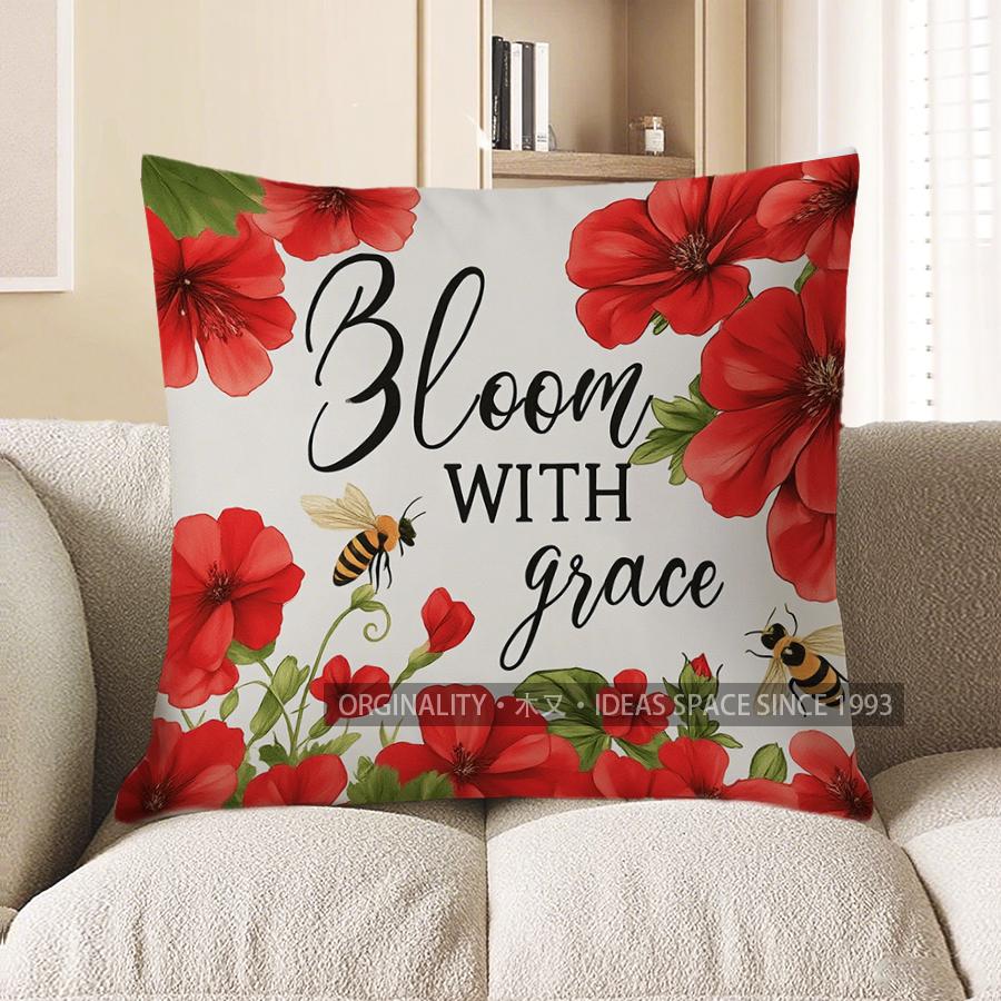 Home Decor Bloom With Grace: Red Flowers & Bees Pillow Pattern Cushion Cover Suitable For Sofa Bedroom Car Pillow Cover 40x40cm